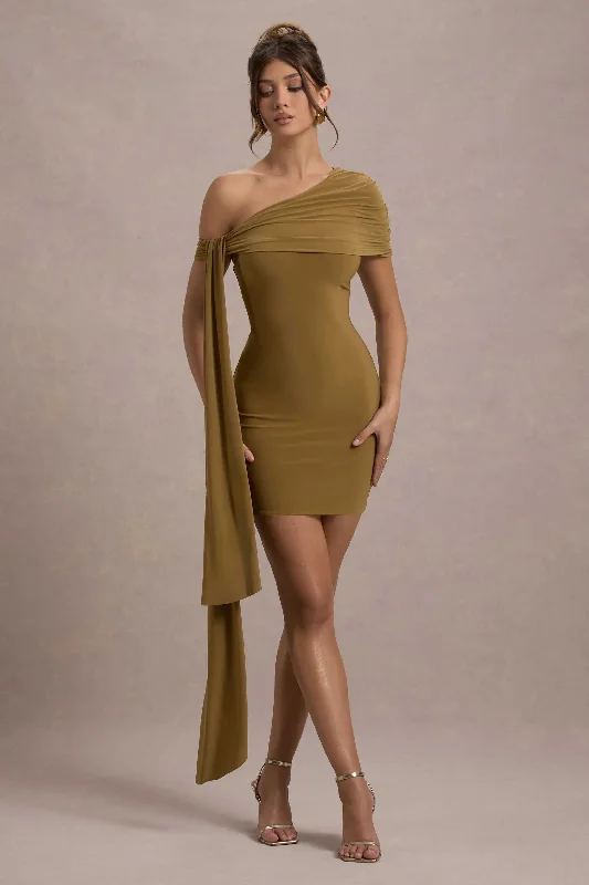 Mermaid - Style Women Dress with a Fitted Silhouette for Special OccasionsAlessio | Mustard One-Shoulder Mini Dress With Drape