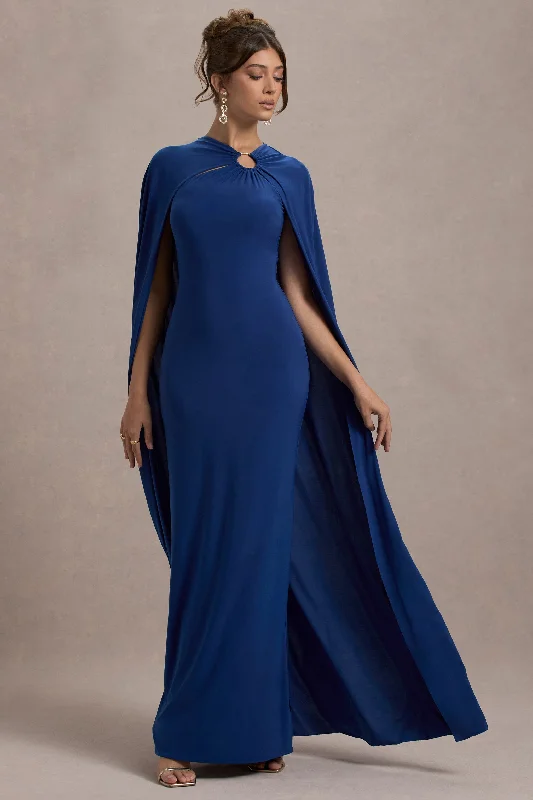 Ruffled Women Dress with Multiple Layers for a Playful and Girly StyleAliza | Royal Blue Cape Maxi Dress With Gold Ring