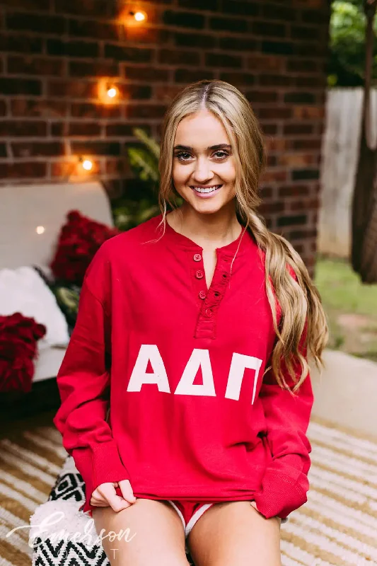 Crop Top Women T Shirt to Pair with High - Waisted BottomsAlpha Delta Pi Red PR Thermal Henley