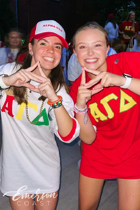 Pocketed Women T Shirt for Added FunctionalityAlpha Gamma Delta Red & Gold Letter Jersey