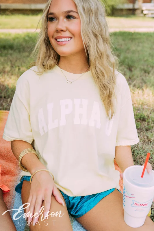 Striped Women T Shirt in a Classic PatternAlpha Omicron Pi PR Varsity Tee