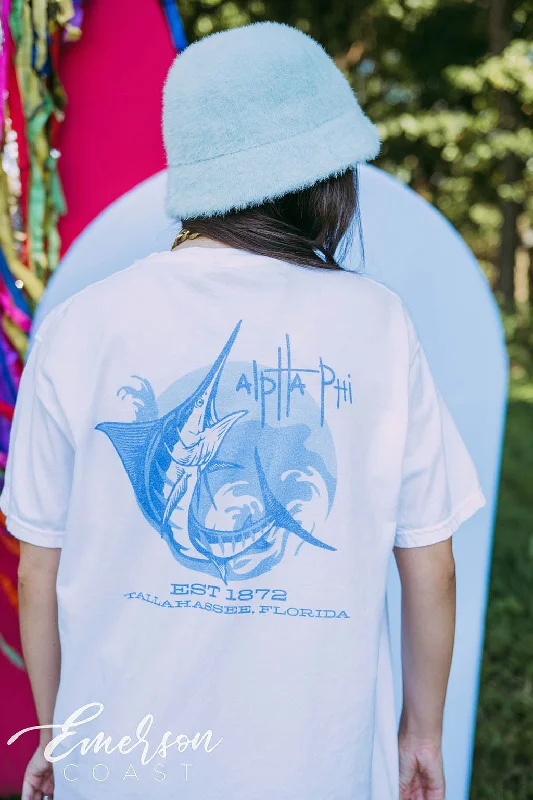 Distressed Women T Shirt with a Laid - Back AestheticAlpha Phi PR Blue Swordfish Tee