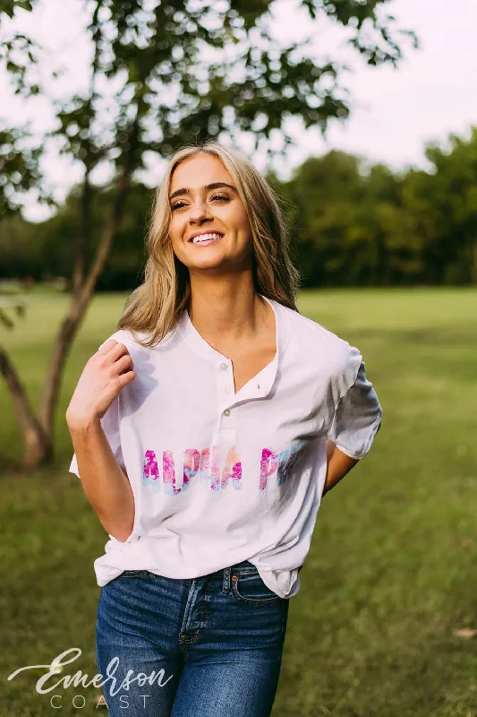 Tie - Dye Women T Shirt with a Bohemian VibeAlpha Phi PR Short Sleeve Henley