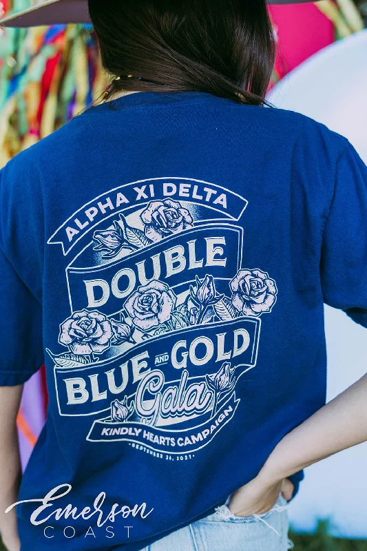 Distressed Women T Shirt with a Laid - Back AestheticAlpha Xi Delta Double Blue And Gold Gala Tee