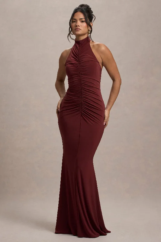 Halter Neck Women Dress to Show Off the Shoulders and NecklineArietta | Port High-Neck Ruched Fishtail Maxi Dress