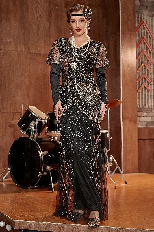 Mermaid - Style Women Dress with a Fitted Silhouette for Special OccasionsBlack and Gold Sequin Long 1920s Gatsby Dress with Sequins