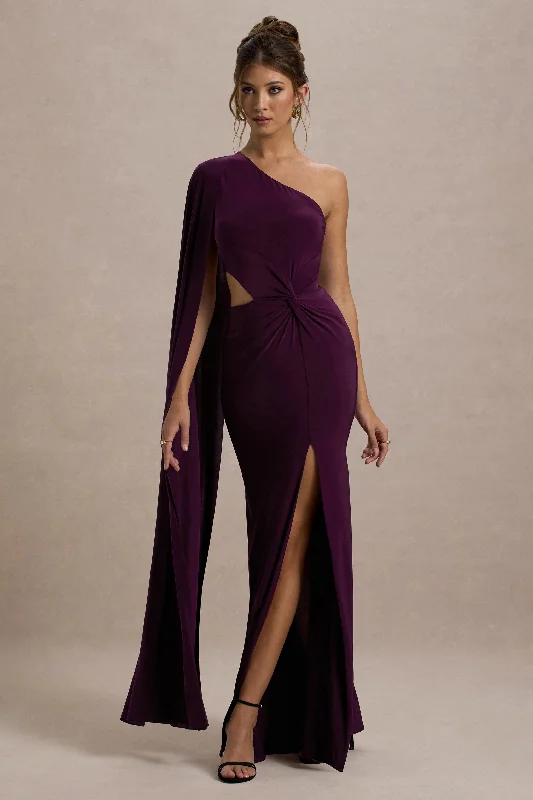 Halter Neck Women Dress to Show Off the Shoulders and NecklineBrona | Plum One-Shoulder Cape-Sleeve Split Maxi Dress