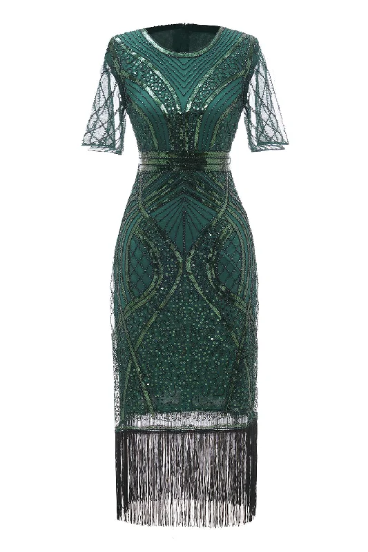 Backless Women Dress for a Sexy and Alluring Look at Evening EventsDark Green Short Sleeves 1920s Dress With Fringes