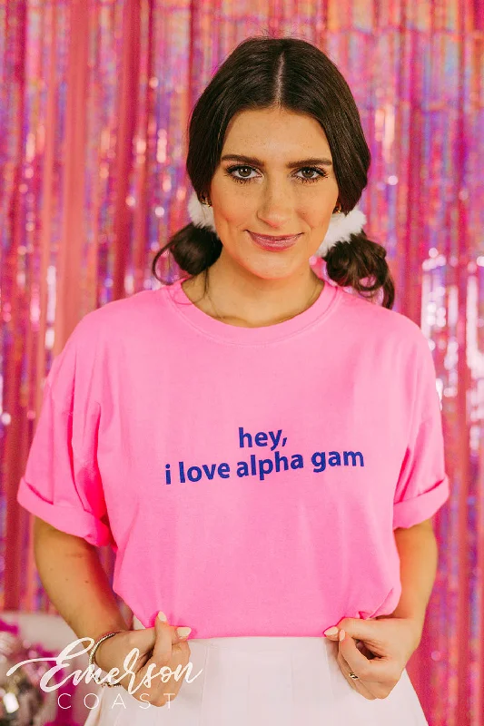 Long Sleeve Women T Shirt for Cooler WeatherHey I Love Alpha Gam Hot Pink Bid Day Tee