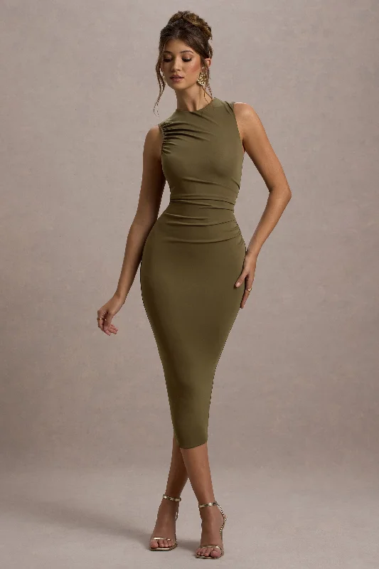 Off - the - Shoulder Women Dress for a Romantic and Feminine LookJemma | Khaki Bodycon Ruched Midi Dress