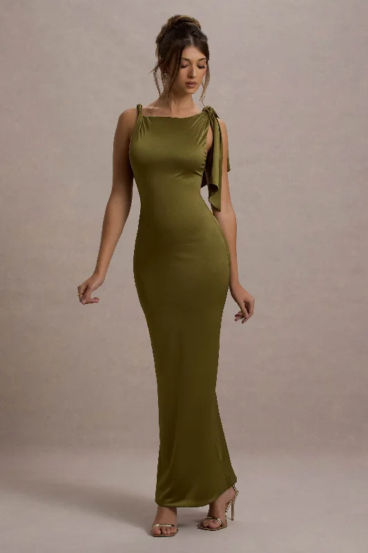 Pleated Women Dress with a Timeless and Elegant TextureKacey | Olive Twisted Knot Maxi Dress