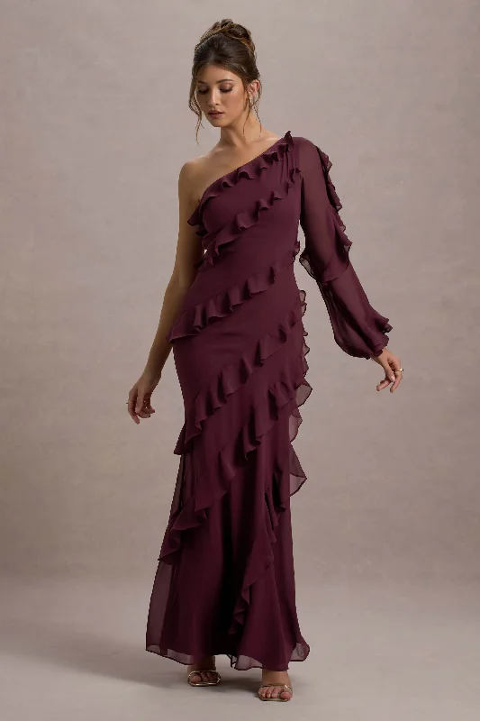 Ruffled Women Dress with Multiple Layers for a Playful and Girly StyleLalika | Burgundy Asymmetric One-Sleeve Ruffle Maxi Dress