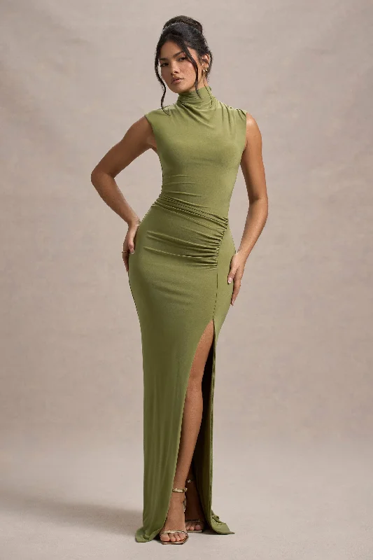 Off - the - Shoulder Women Dress for a Romantic and Feminine LookLanetta | Olive Ruched High-Neck Maxi Dress With Split