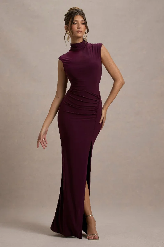 Wrap - Style Women Dress with Adjustable Fit for All Body TypesLanetta | Plum Ruched High-Neck Maxi Dress With Split