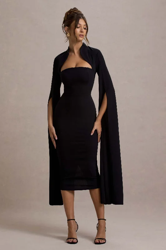 Plus Size Women Dress with a Flattering A - Line Cut for Comfort and StyleLinden | Black Bodycon Cape-Sleeve Midi Dress