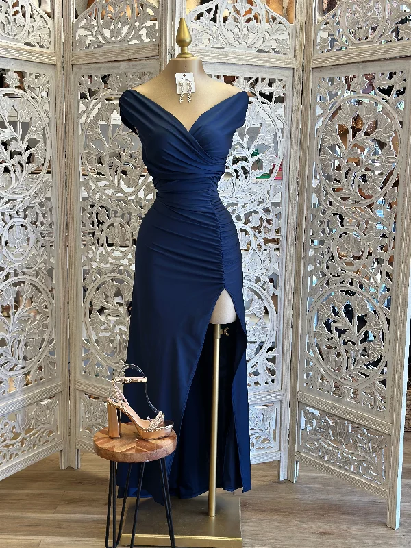 Pleated Women Dress with a Timeless and Elegant TextureMidnight Blue Wrapped Formal Dress