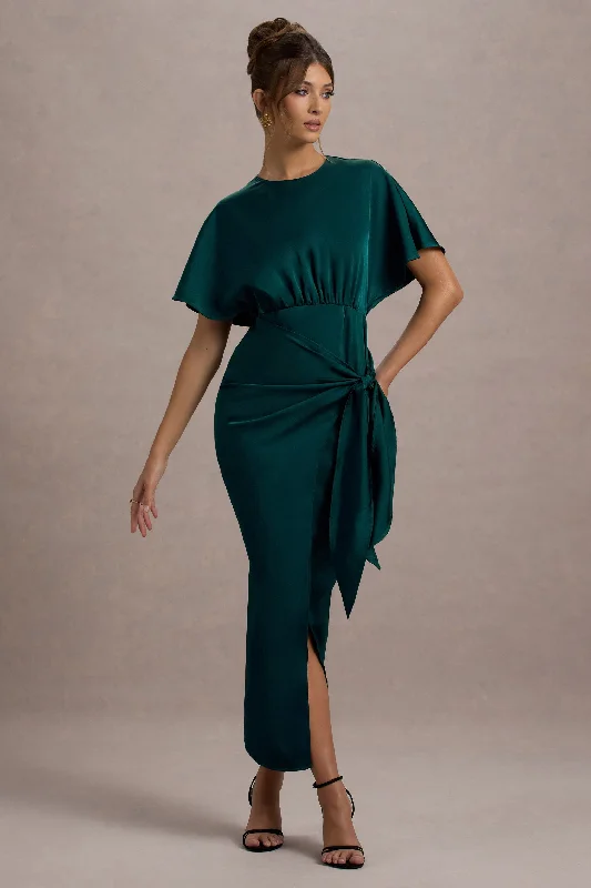 Sheath Women Dress with a Tailored Fit for a Professional LookMika | Bottle Green Satin Short-Sleeve Wrap Maxi Dress