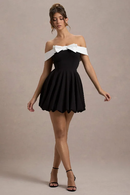 Mini Women Dress with a Short Hem for a Young and Trendy StyleMinimoiselle | Black & White Bow Bardot Mini Dress With Puff-Ball Skirt