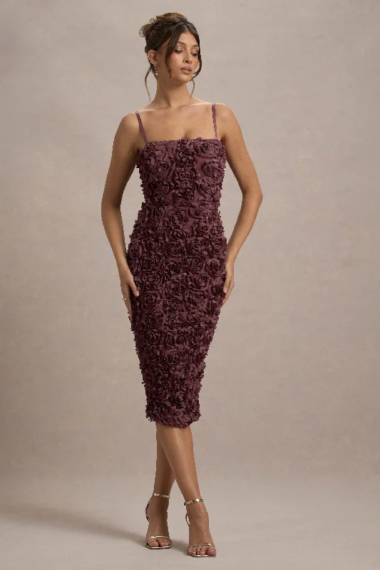 Strapless Women Dress with a Built - in Bra for Comfort and SupportNew Love | Dark Mauve Strappy Midi Dress With Mesh Flowers