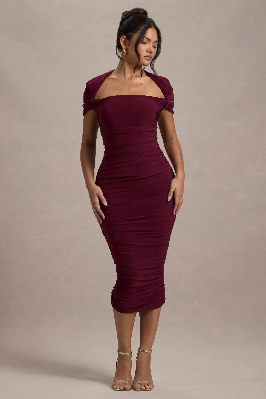 Off - the - Shoulder Women Dress for a Romantic and Feminine LookPaxos | Burgundy Ruched Short-Sleeve Midi Dress