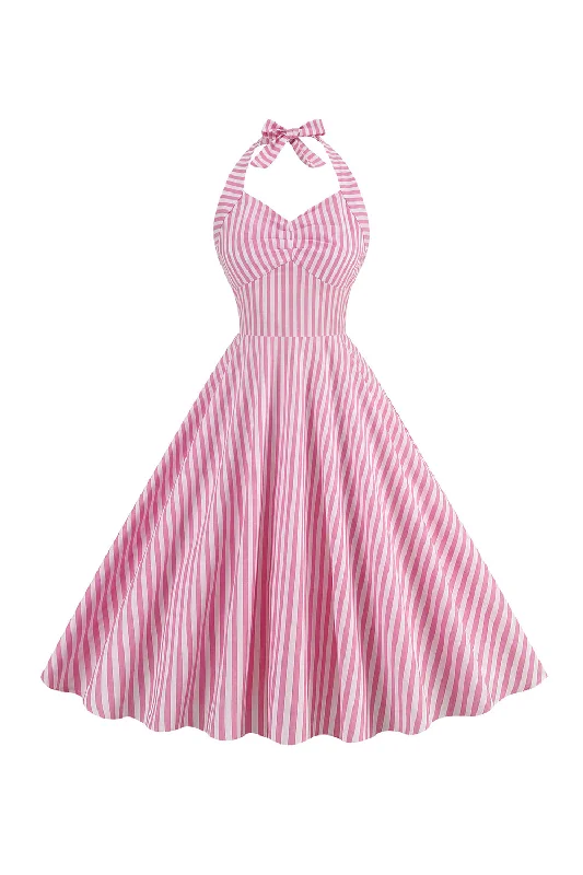 Plus Size Women Dress with a Flattering A - Line Cut for Comfort and StylePink Stripes Halter Swing 1950s Dress