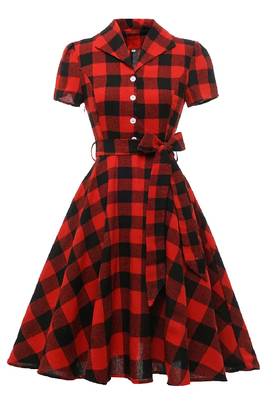 Strapless Women Dress with a Built - in Bra for Comfort and SupportRed Plaid Short Sleeves Vintage Dress