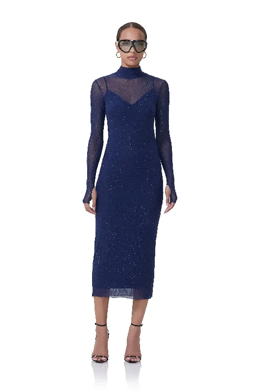 Pleated Women Dress with a Timeless and Elegant TextureShailene Rhinestone Dress - Bright Navy