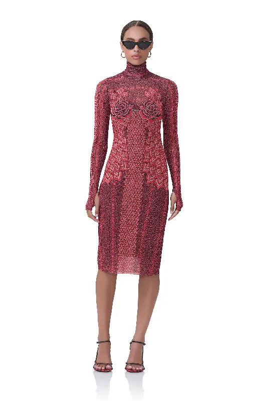 Printed Abstract Women Dress for a Modern and Artistic AppealShona Dress - Rouge Guilded Rose