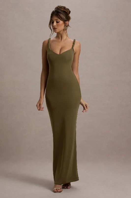 Off - the - Shoulder Women Dress for a Romantic and Feminine LookTwist Of Fate | Khaki Green Twist-Neck Maxi Dress