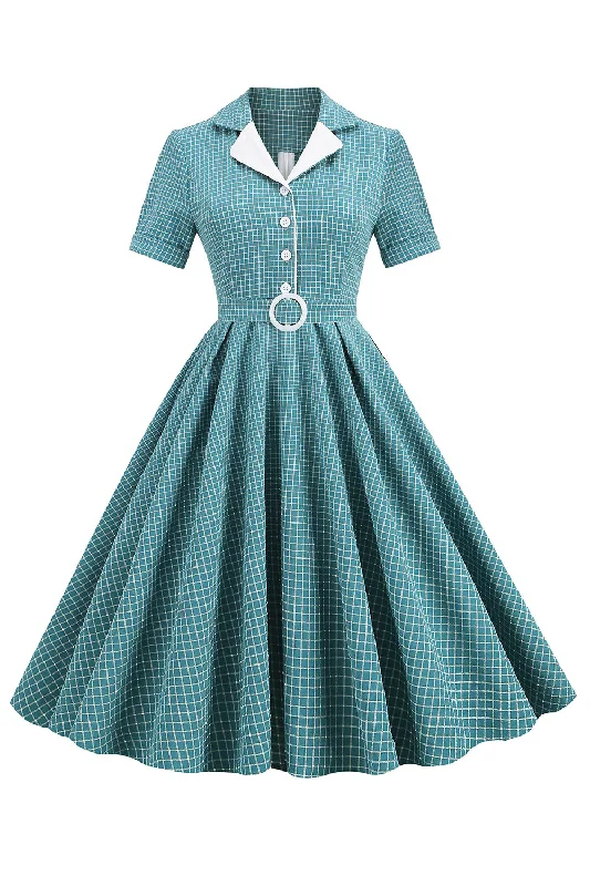 Sheath Women Dress with a Tailored Fit for a Professional LookVintage V Neck Blue Plaid 1950s Dress