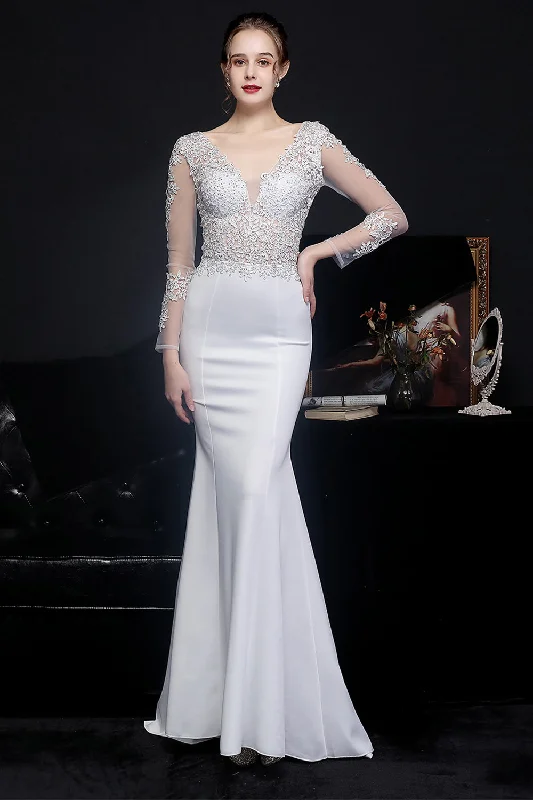 Sheath Women Dress with a Tailored Fit for a Professional LookWhite Applique Mermaid Prom Dress