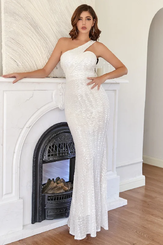 Halter Neck Women Dress to Show Off the Shoulders and NecklineWhite One Shoulder Sequins Mermaid Prom Dress