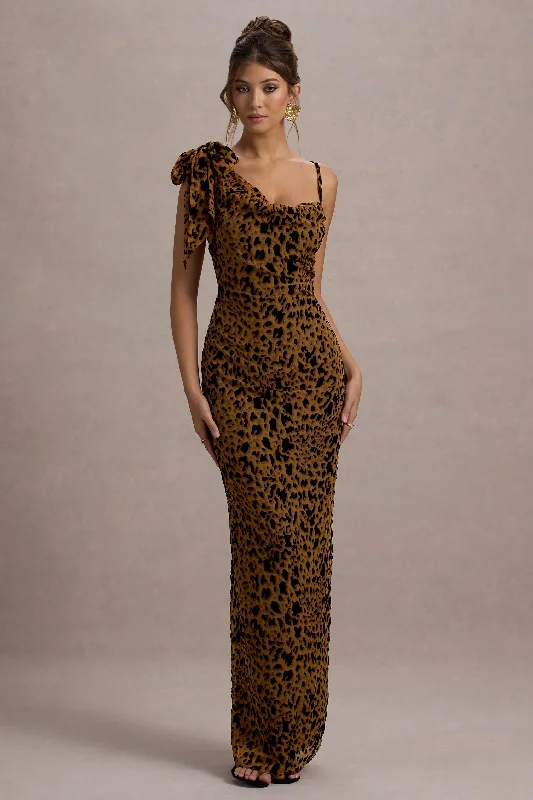 Wrap - Style Women Dress with Adjustable Fit for All Body TypesYasmin | Leopard Print Velvet Strappy Maxi Dress With Bow