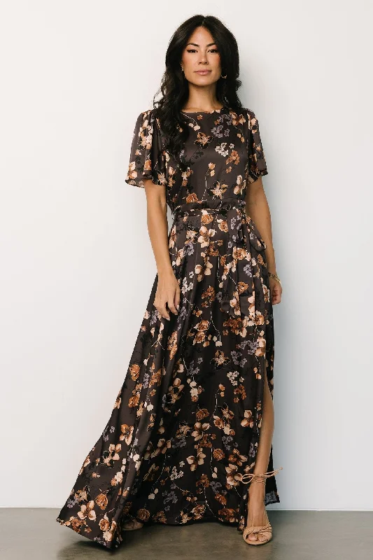 Ball Gown Women Dress with a Full Skirt for a Princess - like LookAgnes Satin Maxi Dress | Brown Floral