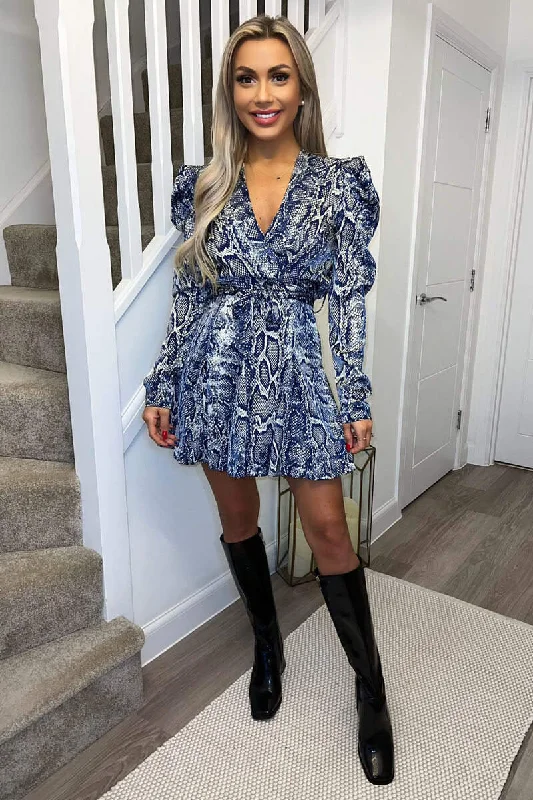 Mermaid - Style Women Dress with a Fitted Silhouette for Special OccasionsBlue Snake Print Long Puff Sleeve Mini Dress