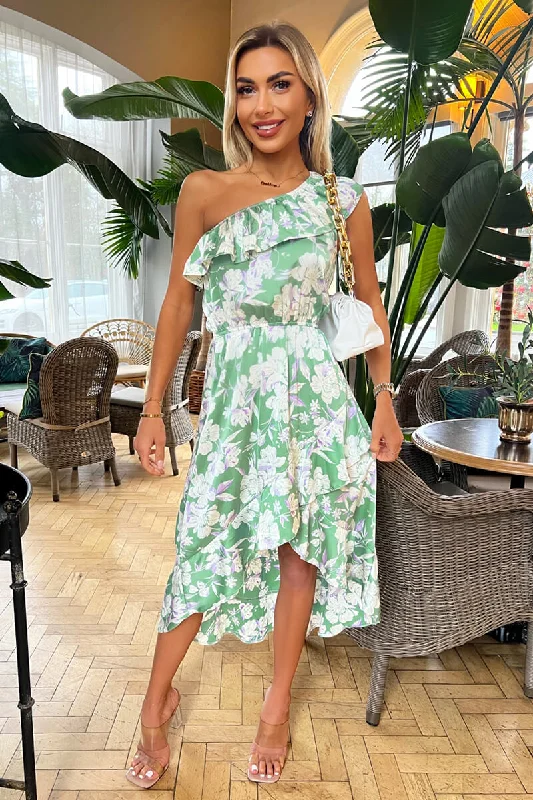 Pleated Women Dress with a Timeless and Elegant TextureGreen Floral Printed One Shoulder Frill Detail Dipped Hem Dress