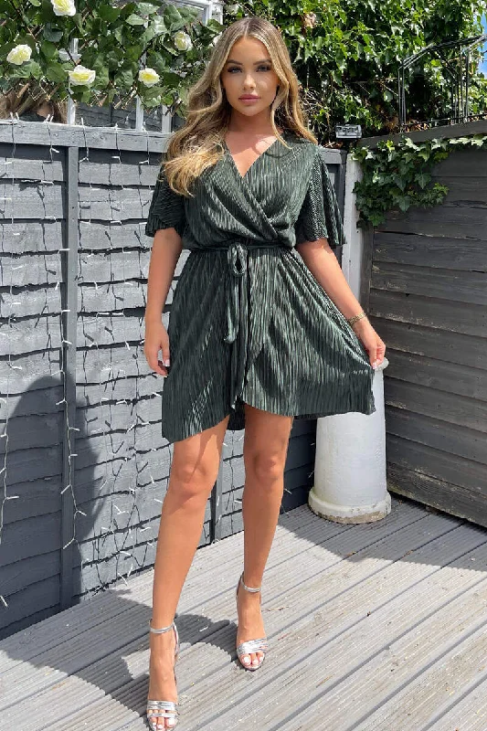 Ruffled Women Dress with Multiple Layers for a Playful and Girly StyleKhaki Wrap Top Belted Short Sleeve Plisse Mini Dress