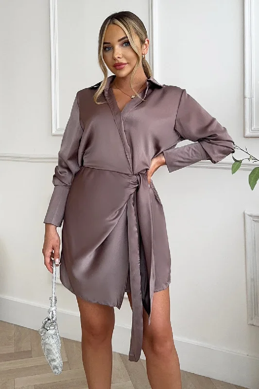 Little Black Women Dress with Sequins for a Glamorous Night OutTaupe Satin Wrap Long Sleeve Mini Dress