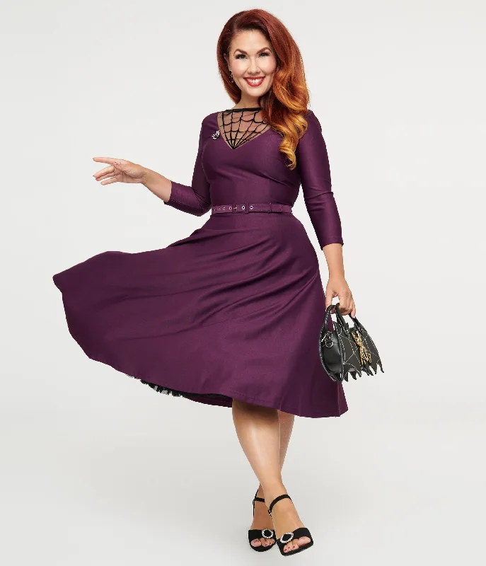 Mini Women Dress with a Short Hem for a Young and Trendy StyleUnique Vintage 1950s Eggplant & Black Spiderweb Devon Swing Dress