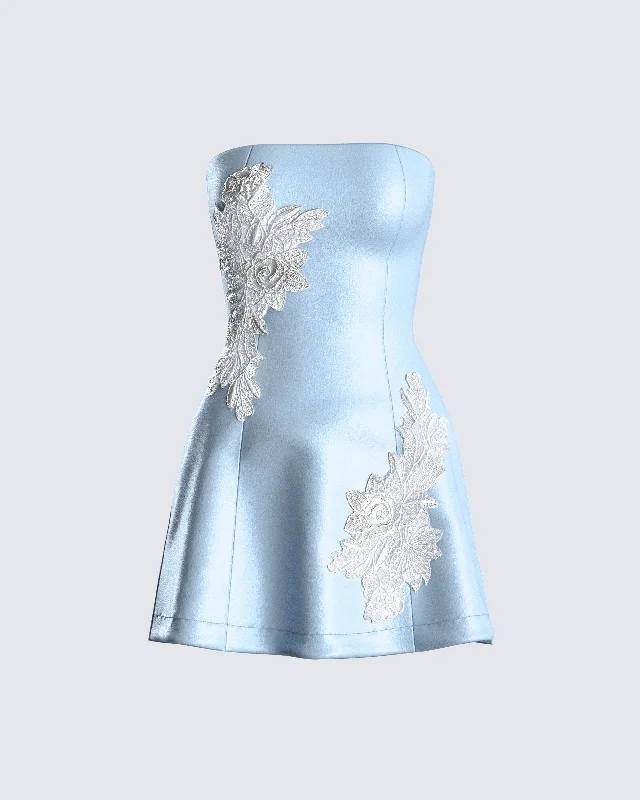 Printed Abstract Women Dress for a Modern and Artistic AppealViv Blue Applique Mini Dress