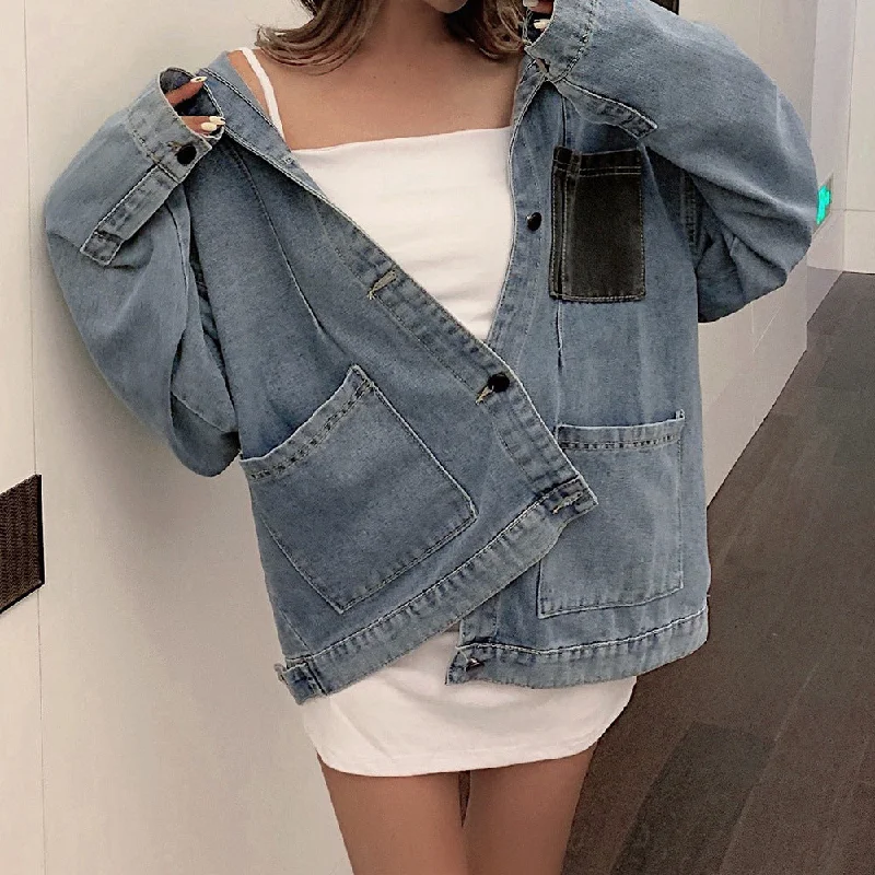 Color Blocking Denim Jacket Wholesale Women Clothing