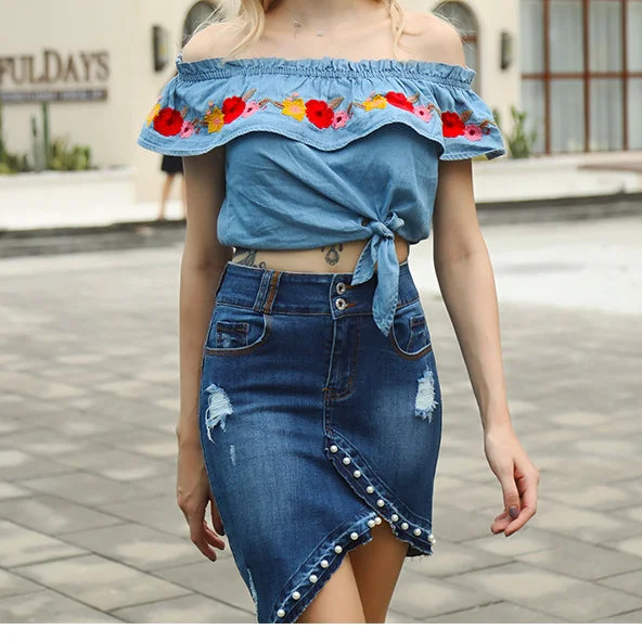 Fashion Irregular Beaded Decorate Denim Short Skirts Bag Hip Wholesale Skirt Vendors