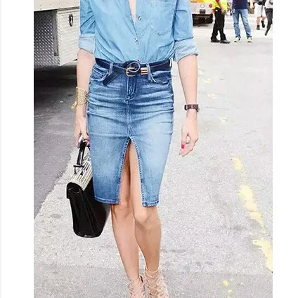 Women's Summer Denim Skirt High Split Button Front Casual Wholesale Jeans Skirts