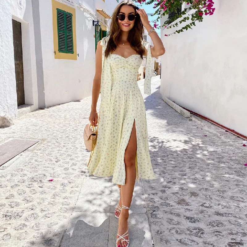 Long - Sleeve Women Dress in Velvet for a Luxurious Winter LookBerryBetty - Adorable Daisy Printed High Slit A-Line Slip Midi Sundress - Yellow