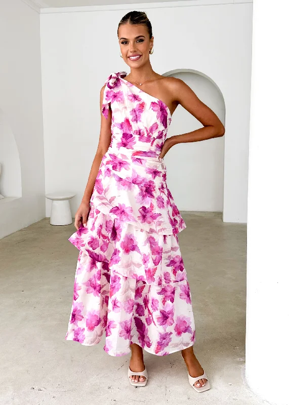 Wrap - Style Women Dress with Adjustable Fit for All Body TypesAnrielle One Shoulder Maxi Dress - Pink Flowers