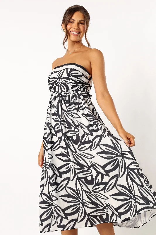 Ruffled Women Dress with Multiple Layers for a Playful and Girly StyleArlene Strapless Midi Dress - Black White