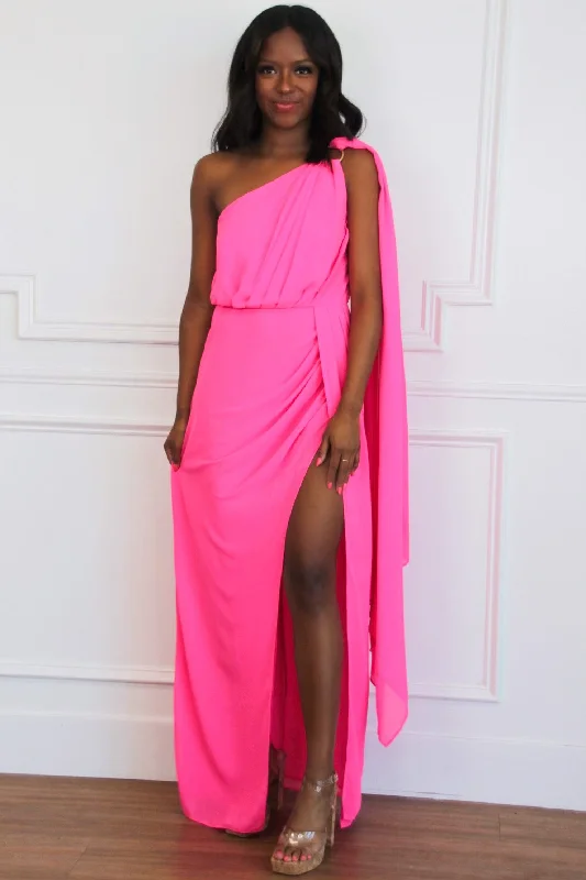 Strapless Women Dress with a Built - in Bra for Comfort and SupportAthena One Shoulder Cape Sleeve Maxi Dress: Electric Pink