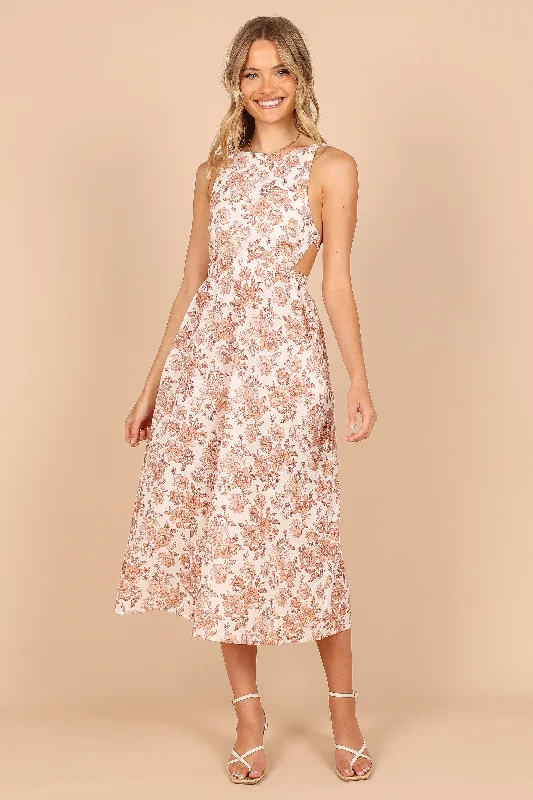 Empire Waist Women Dress to Accentuate the Bust and Conceal the WaistAubrey Cutout Midi Dress - Tan Floral