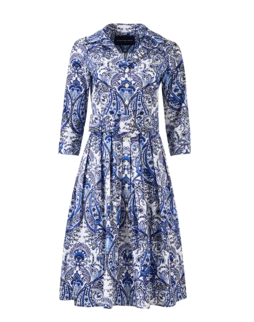 Off - the - Shoulder Women Dress for a Romantic and Feminine LookAudrey White and Blue Paisley Print Stretch Cotton Dress