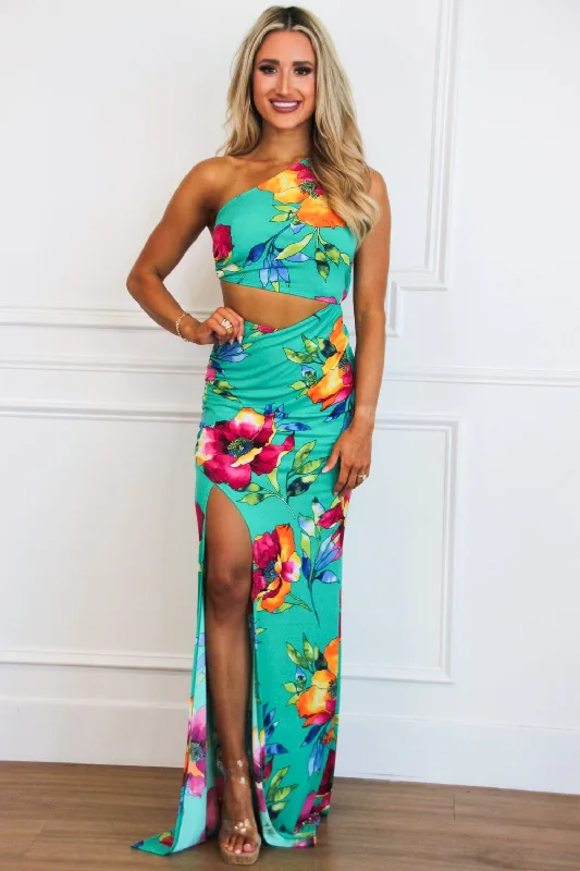 Empire Waist Women Dress to Accentuate the Bust and Conceal the WaistAva Cutout One Shoulder Maxi Dress: Jade Green FLORAL